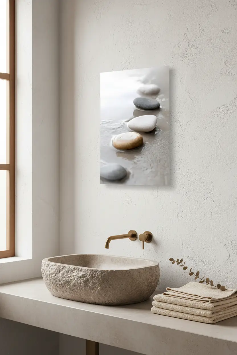 Laissés par la Vague — Affiche murale minimaliste galet blanc gris beige — affiche murale minimaliste | Cassili-home
