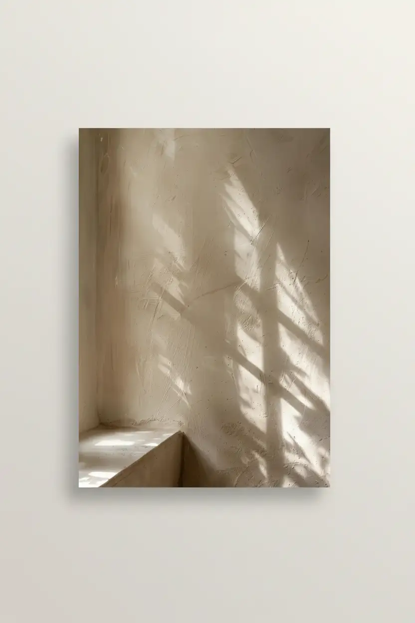 Les Ombres du Soir — Affiche murale minimaliste ombres fenêtre mur enduit sable courbe, affiche murale minimaliste avec cadre bois, décoration murale salon ou chambre, style méditerranéen