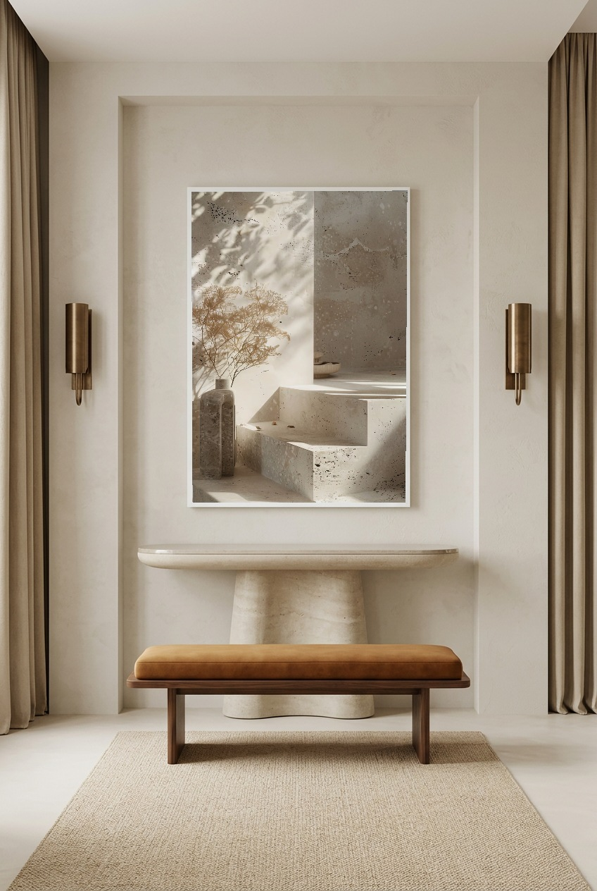 Le Vase et l’Escalier — affisch i vit ram i en hall