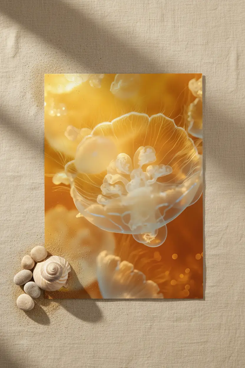 La Méduse — Póster minimalista de pared ámbar dorado medusa translúcida