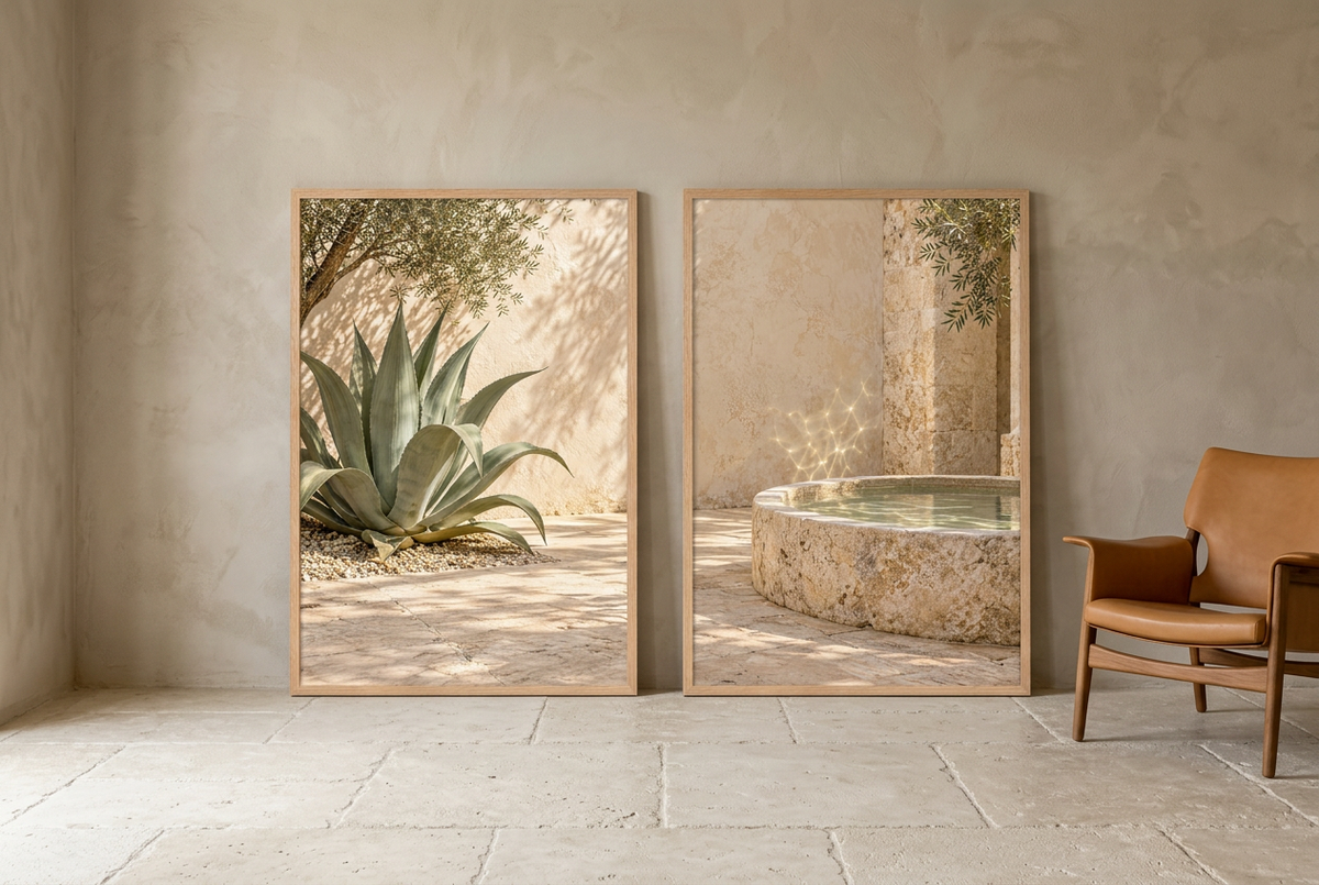The Shaded Patio — wall diptych in oak frames leaning against the wall