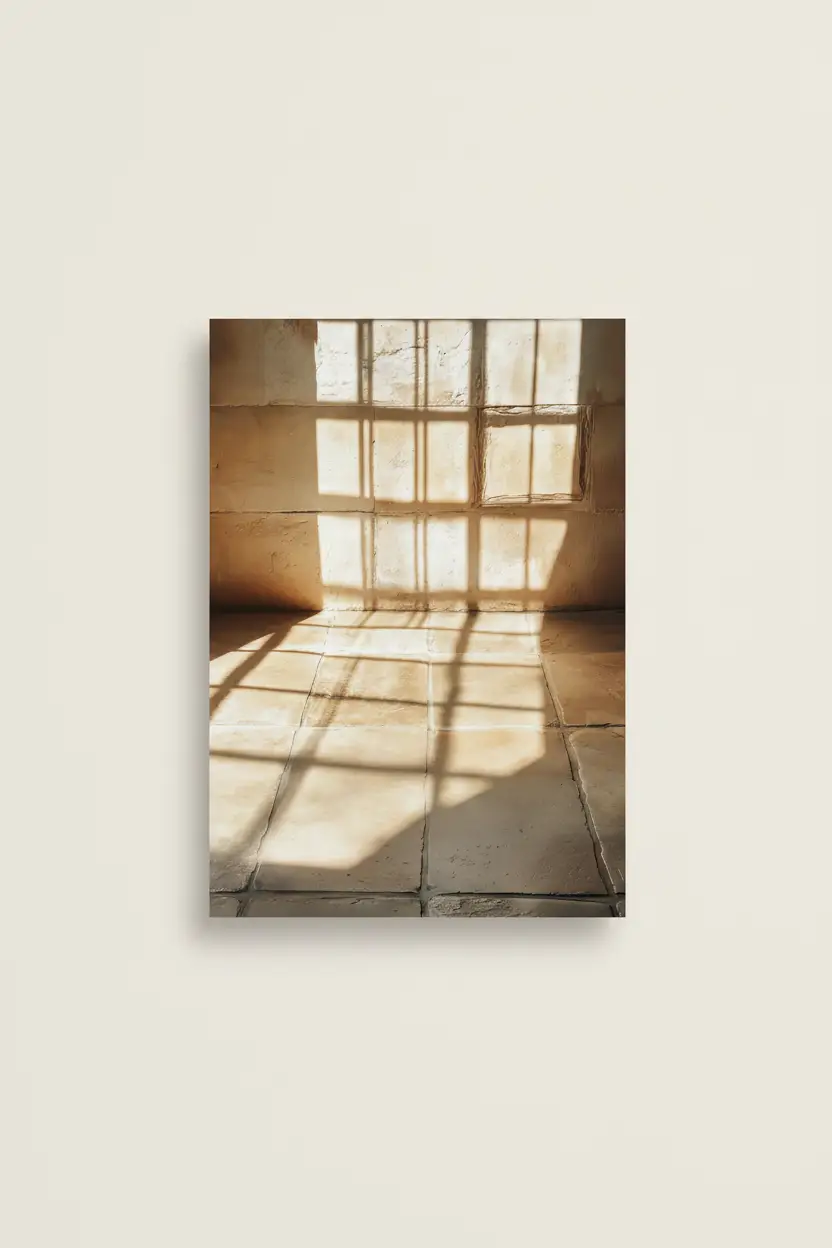 L'Heure des Ombres — Minimalistische gouden schaduwen raam wandposter