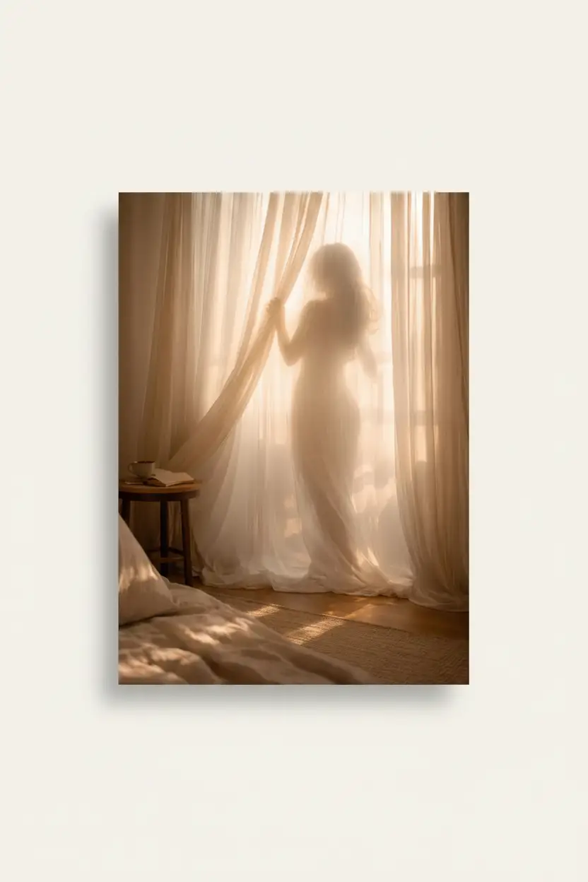 Le Voile du Matin — Póster mural minimalista dorado silueta mujer