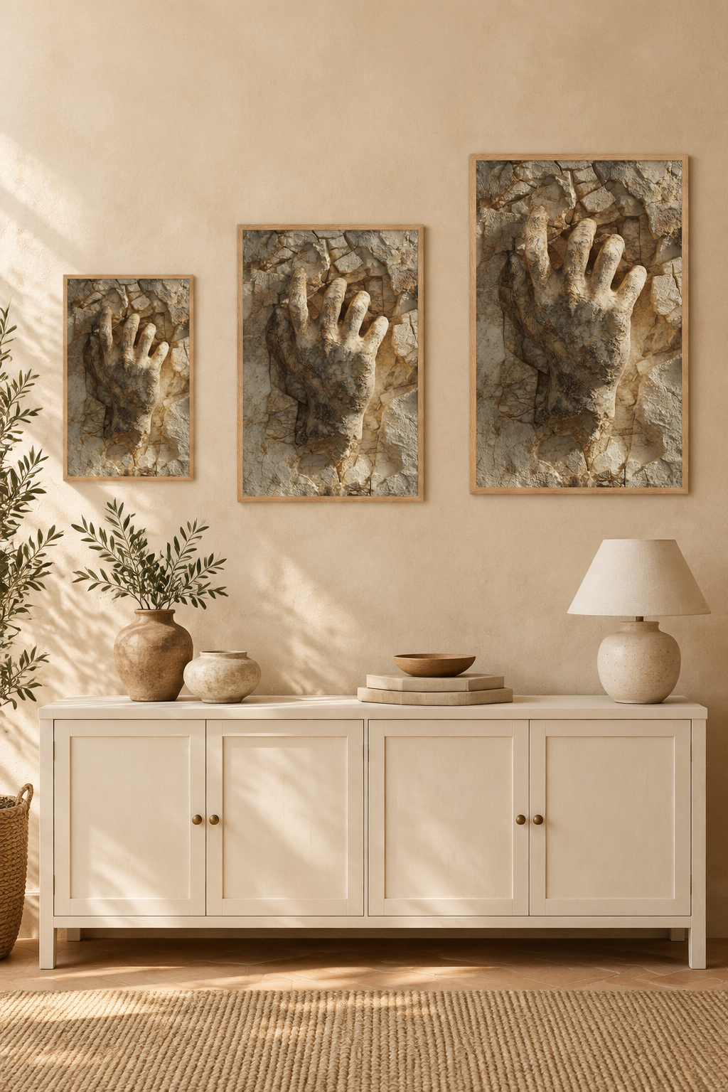 De Hand in de Rots in drie formaten aan één muur