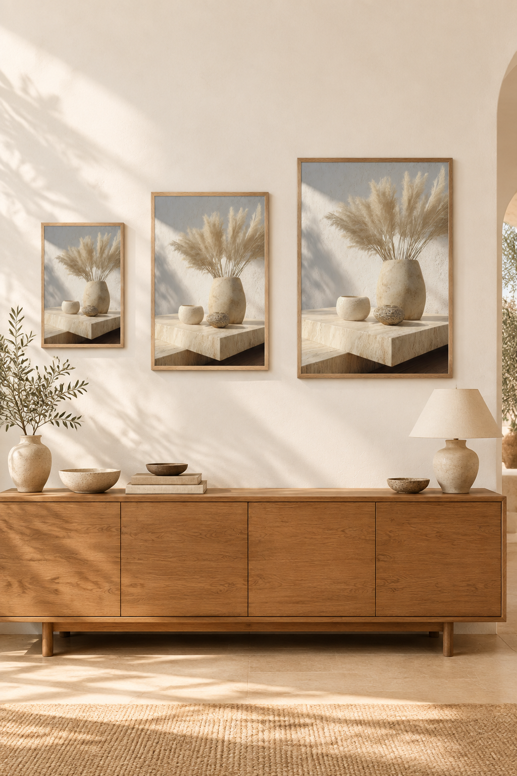 The Pampas Bouquet in three sizes on one wall