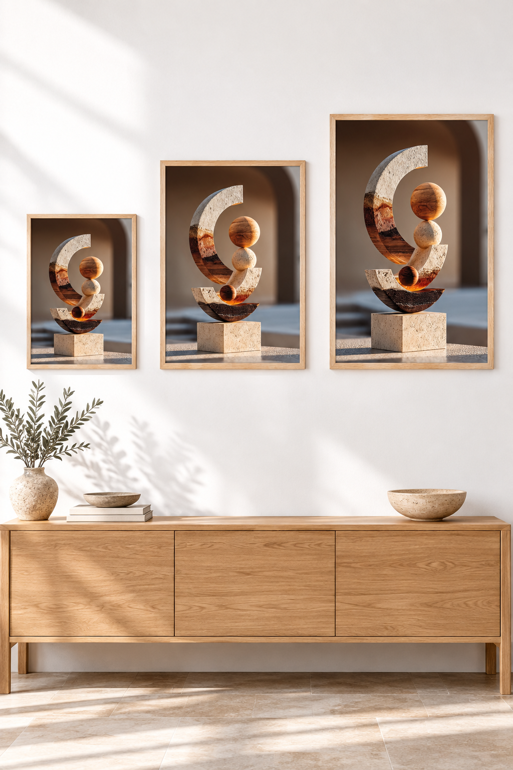 The Crescent Totem in three sizes on one wall