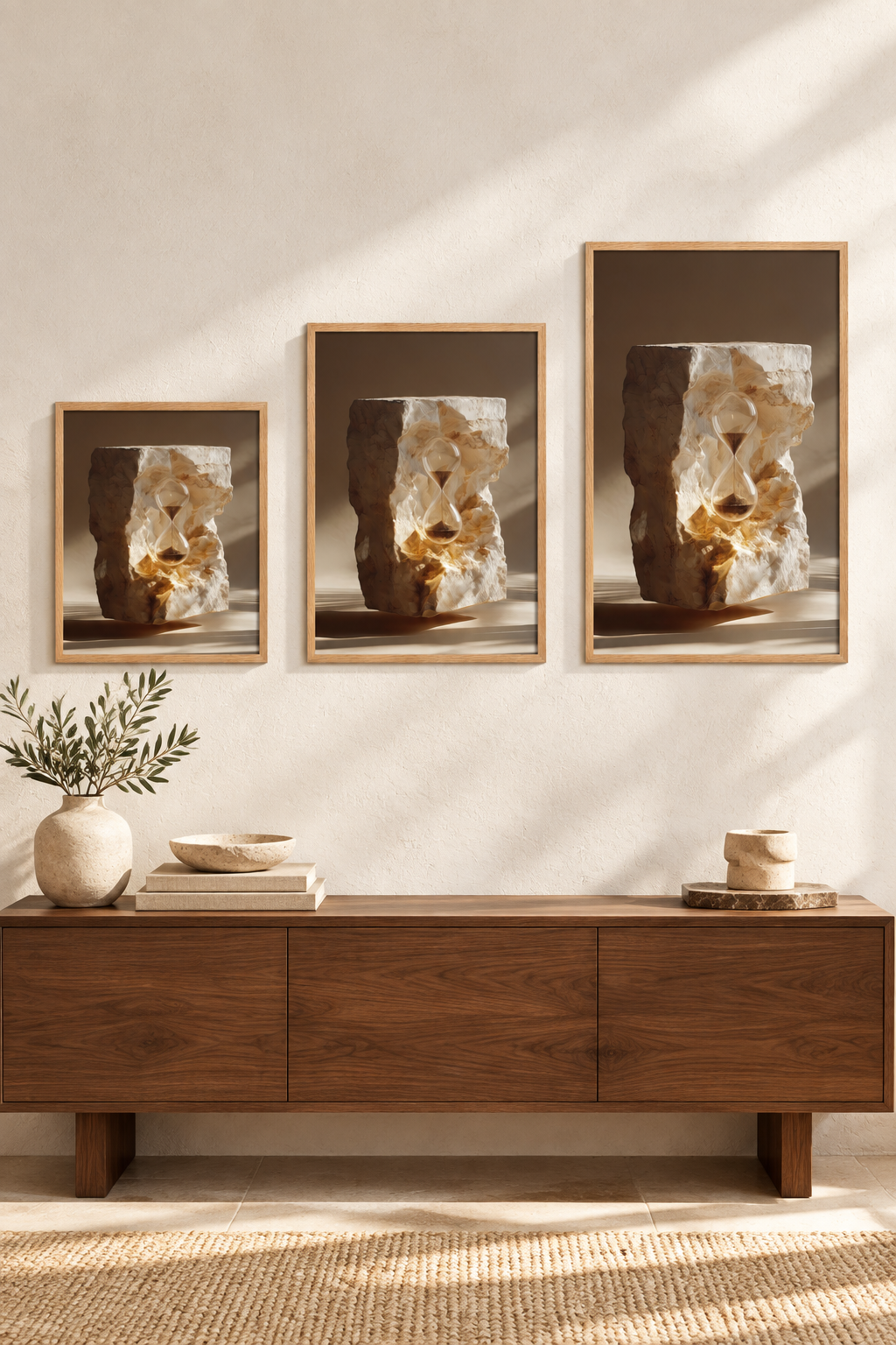 De Ingevatte Zandloper in drie formaten aan één muur