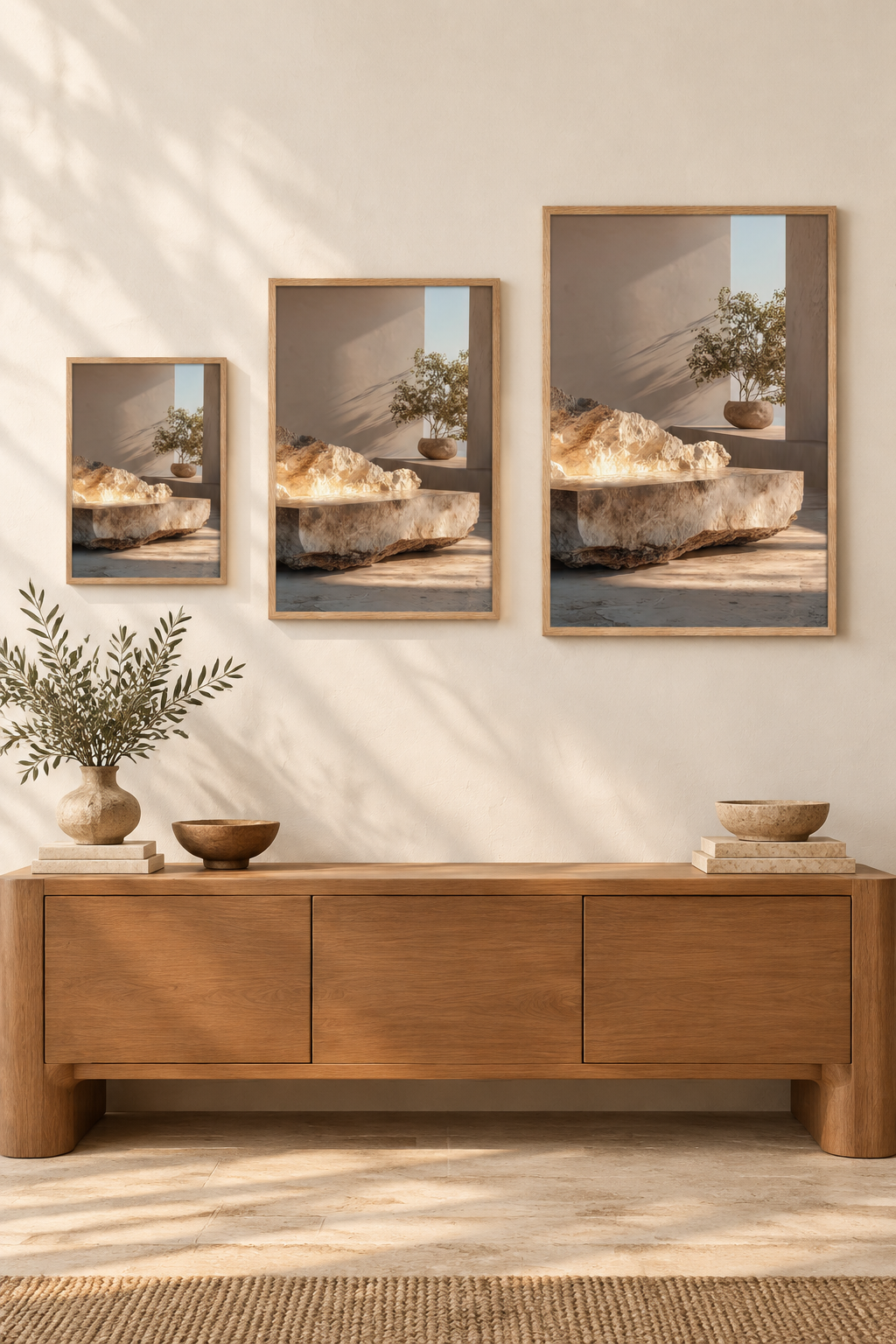 Die Felsbank in drei Formaten an einer Wand