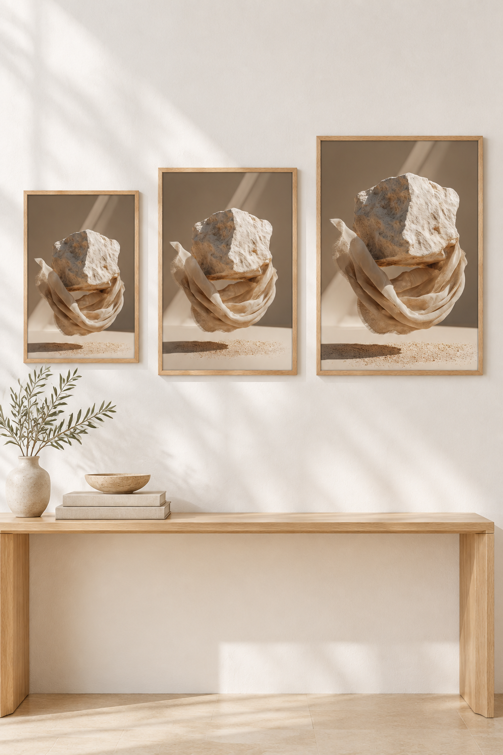 Der umhüllte Fels in drei Formaten an einer Wand