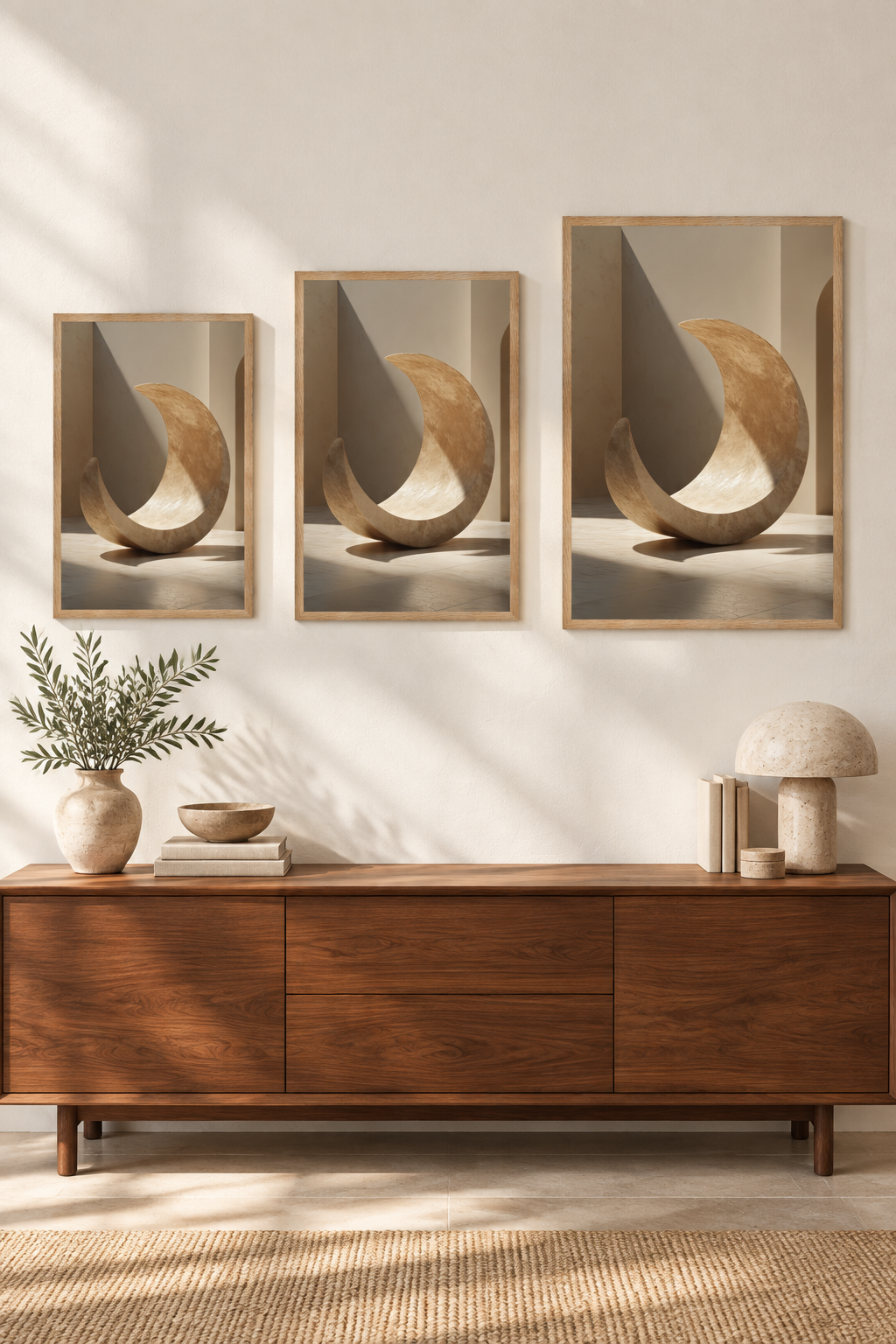 Die Steinsichel in drei Formaten an einer Wand