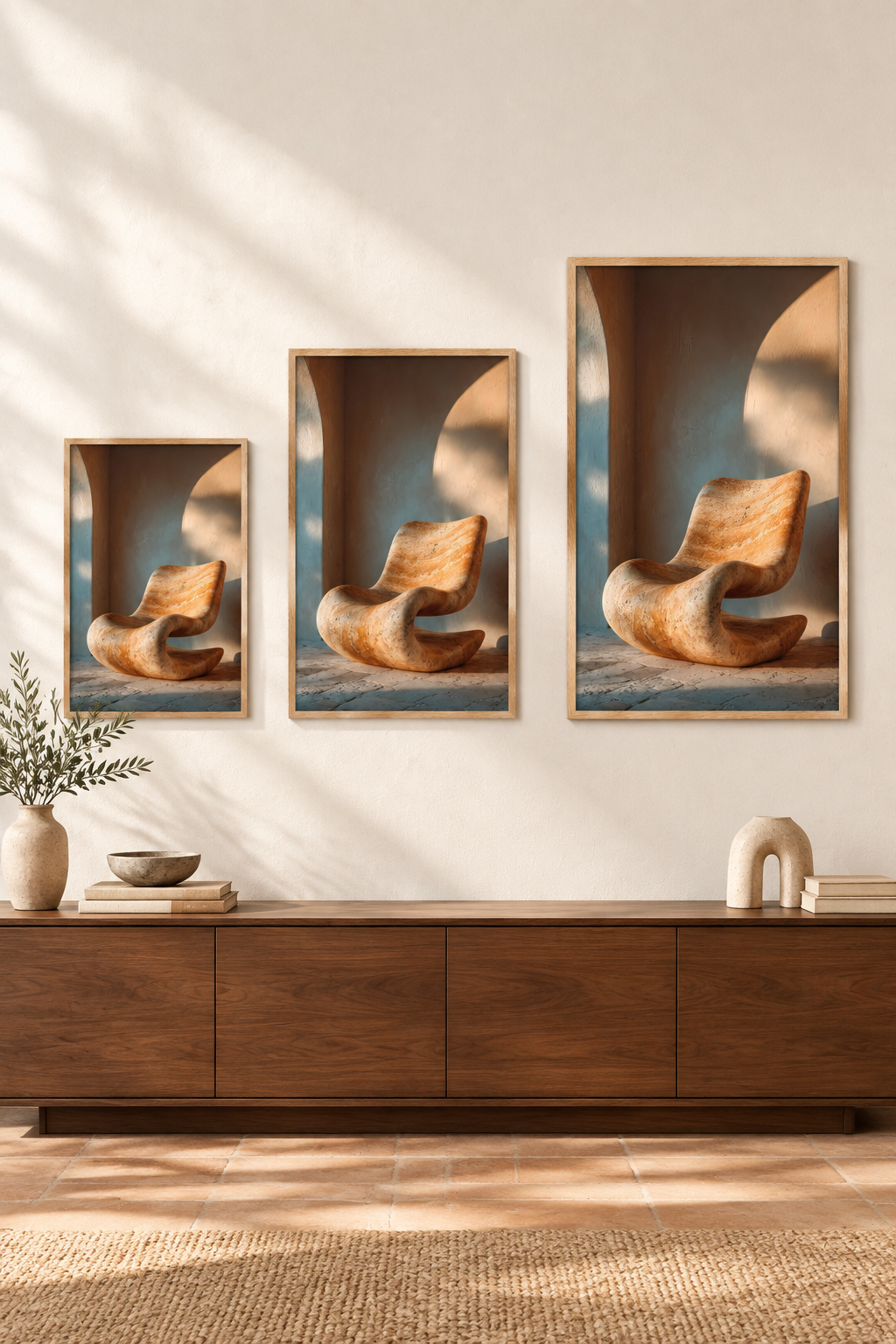 Die Liege aus Stein in drei Formaten an einer Wand