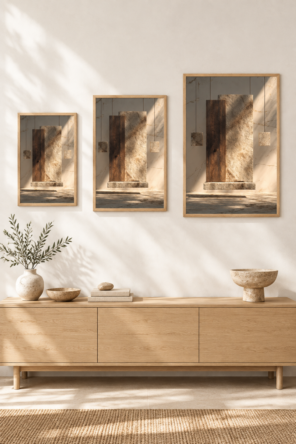 Das Holz und die Platte in drei Formaten an einer Wand