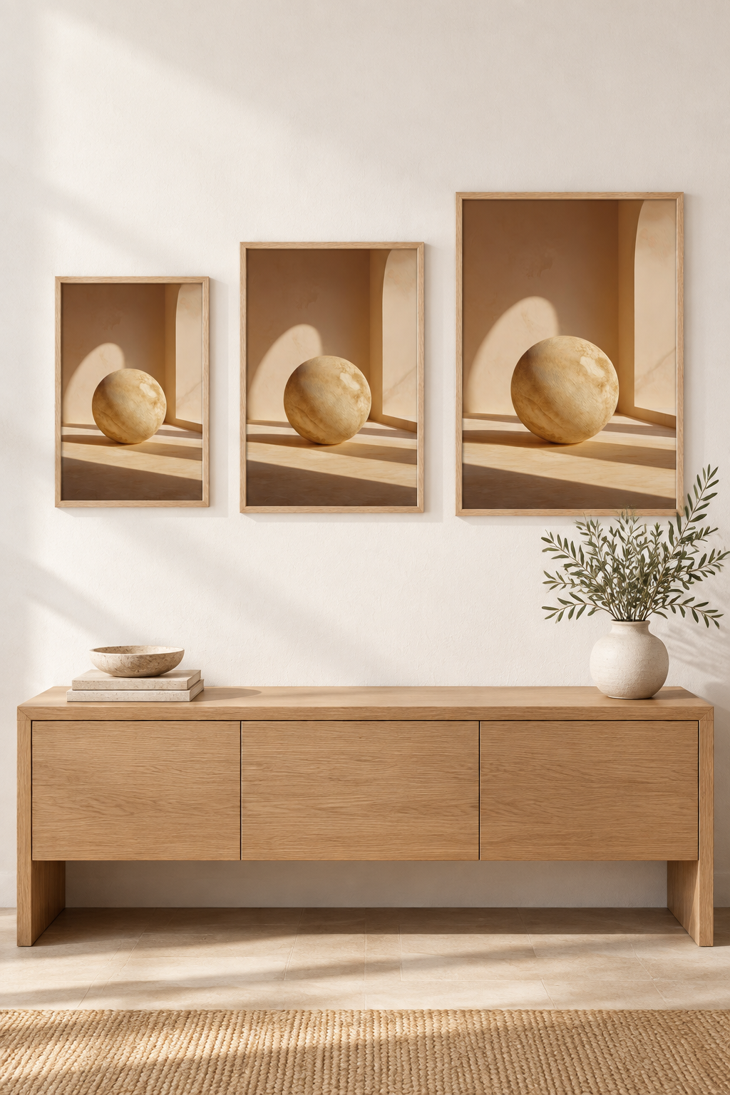 De Stenen Bol in drie formaten aan één muur
