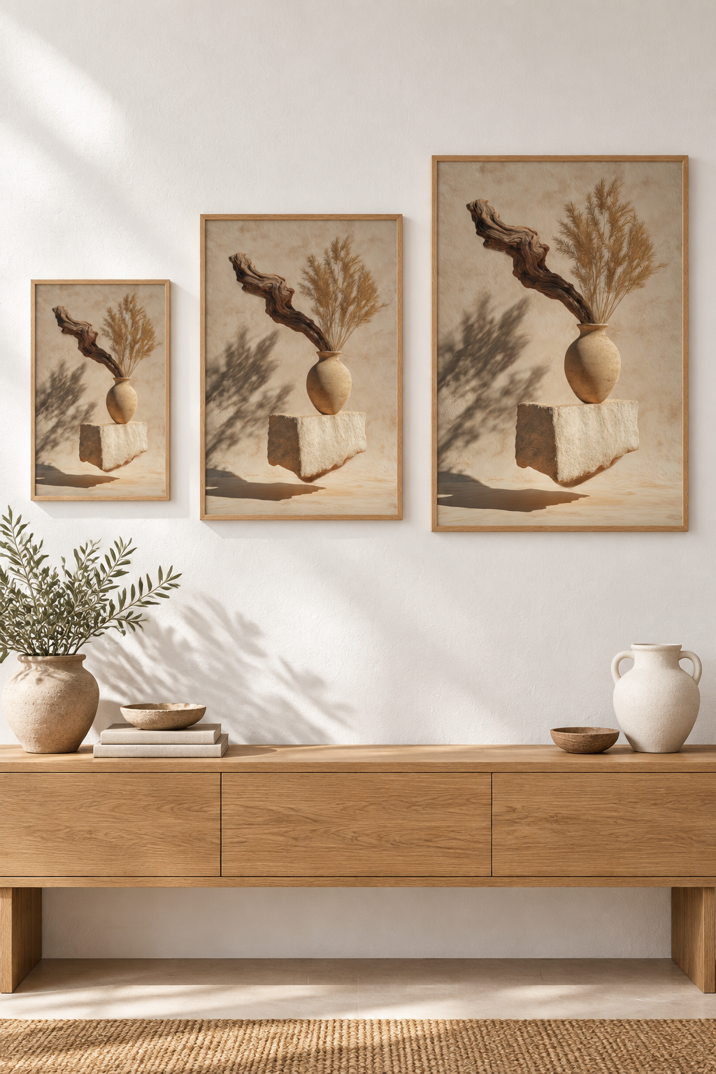 Das Treibholz und die Ähre in drei Formaten an einer Wand