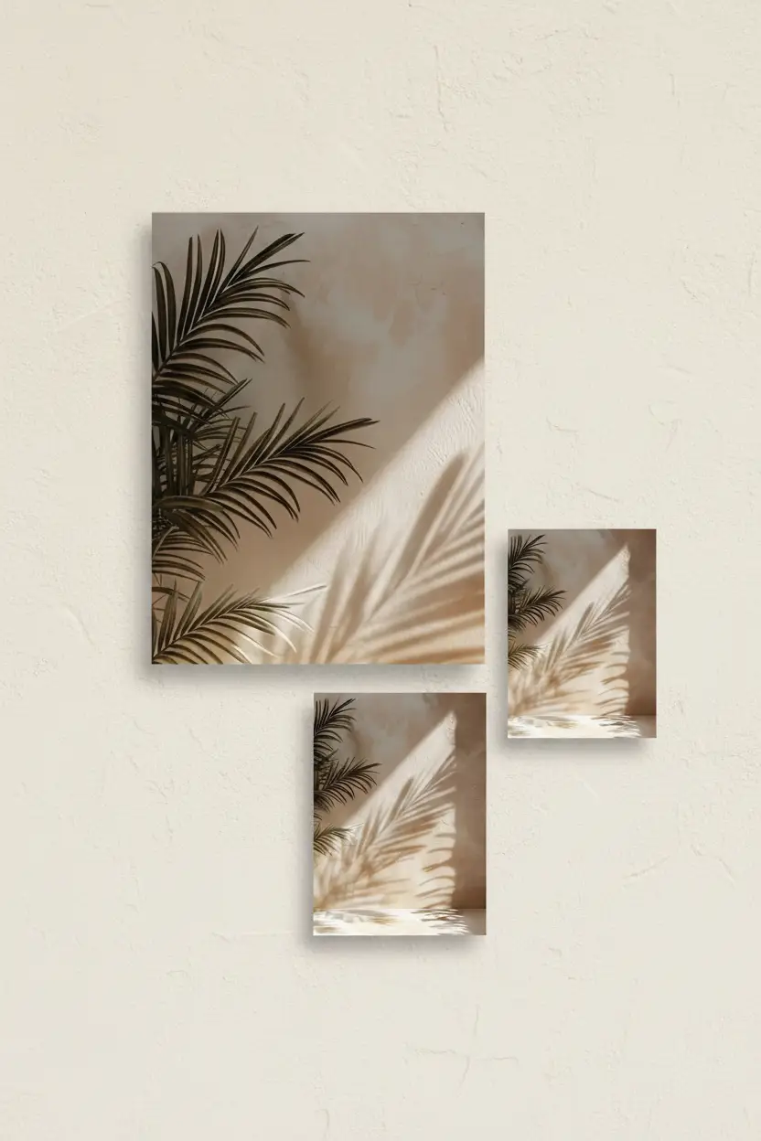 L'Areca et son Ombre — Affiche murale minimaliste sable végétal, affiche murale minimaliste avec cadre bois, décoration murale salon ou chambre, style méditerranéen