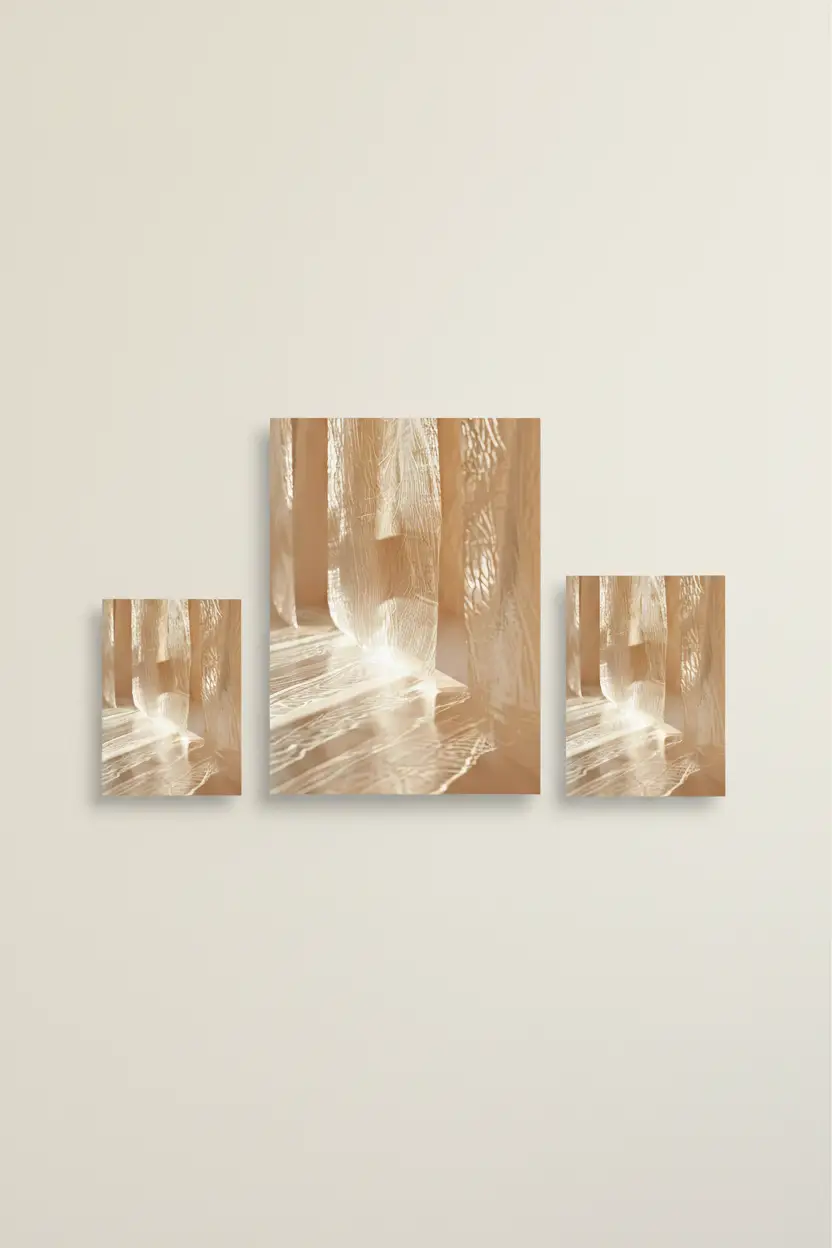 Le Voile de Verre — Affiche murale minimaliste ivoire verre lumière architecture, affiche murale minimaliste avec cadre bois, décoration murale salon ou chambre, style méditerranéen