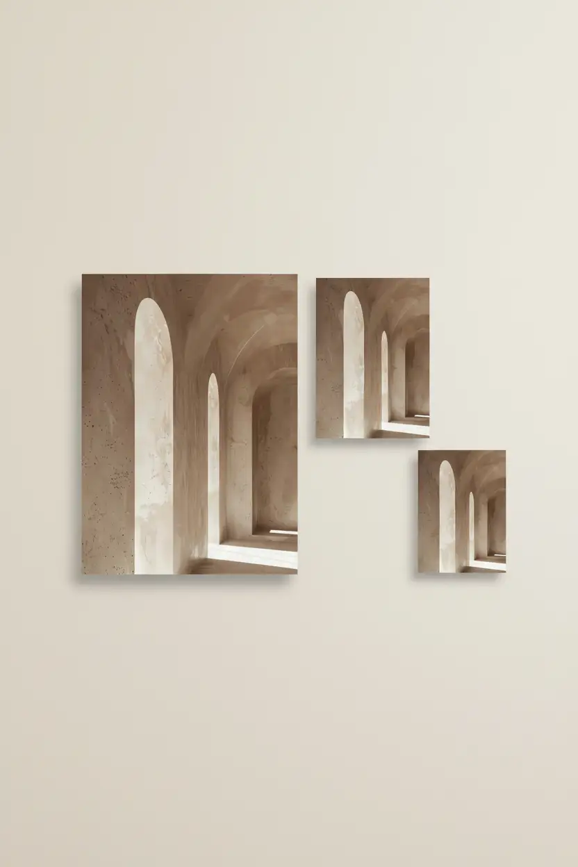 L'Allée des Voûtes — Affiche murale minimaliste beige architecture, affiche murale minimaliste avec cadre bois, décoration murale salon ou chambre, style méditerranéen