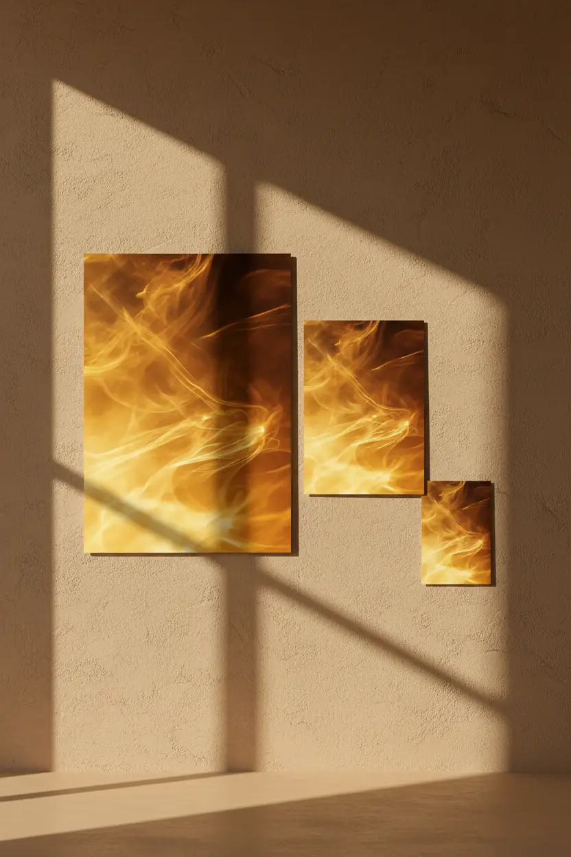L’Âme du Feu — Minimalist väggaffisch gyllene bärnsten lågor
