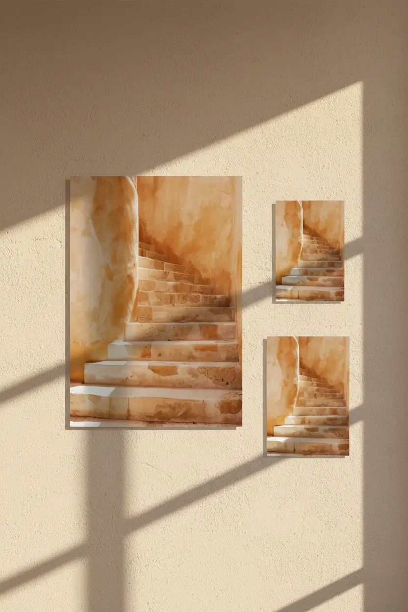 A Subida Dourada — Poster de parede minimalista ocre dourado escada pedra