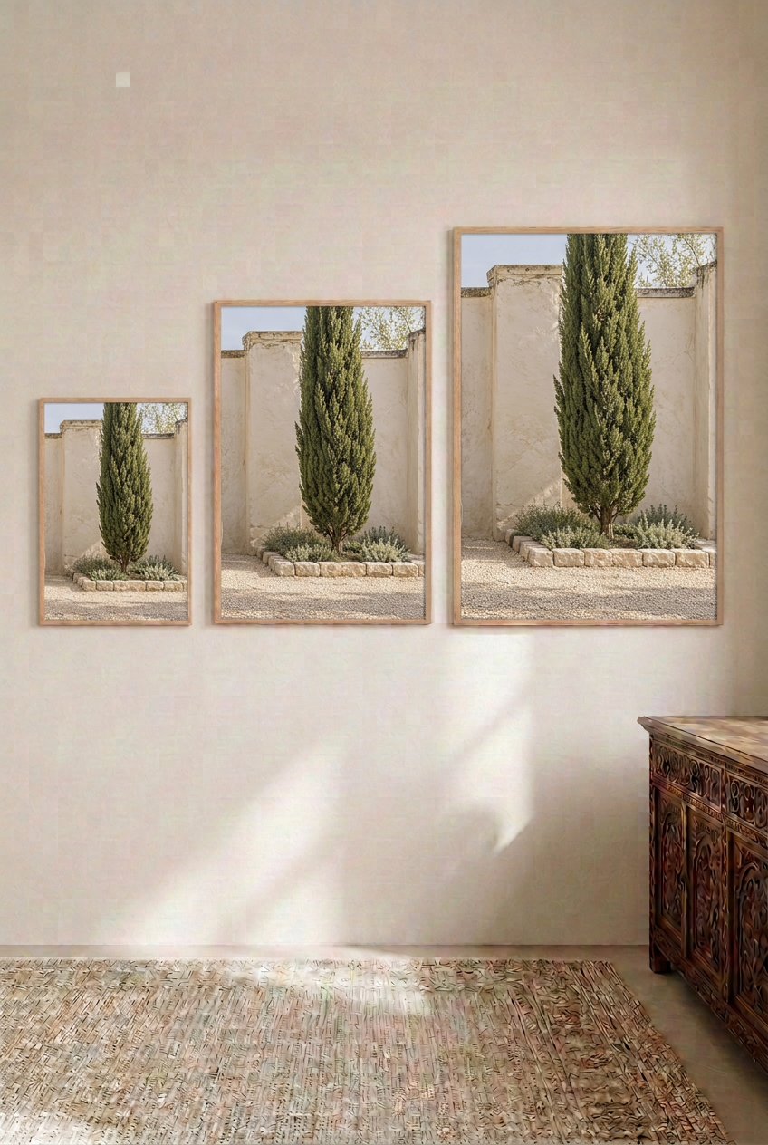 The Lone Cypress — three sizes side by side, oak frames