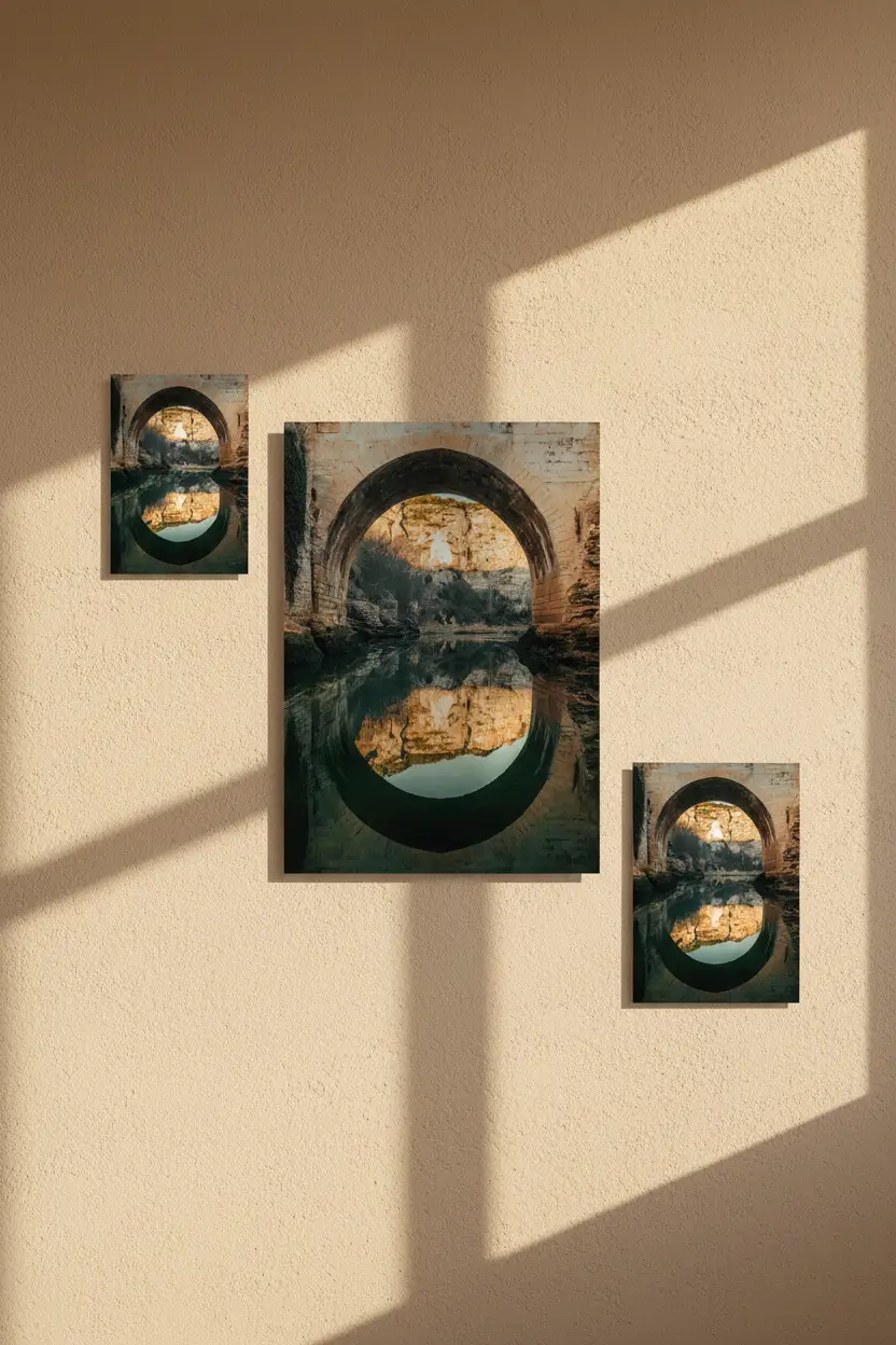 Lo Specchio del Ponte — Poster da parete minimalista verde oro arco riflesso