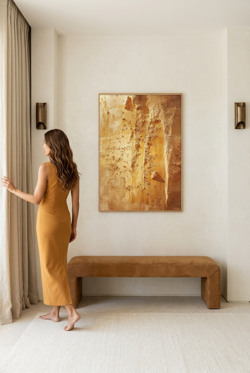 L’Ocre Vif — woman in front of the poster in an oak frame