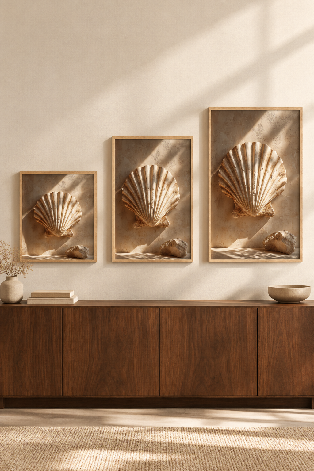Die Steinmuschel in drei Formaten an einer Wand