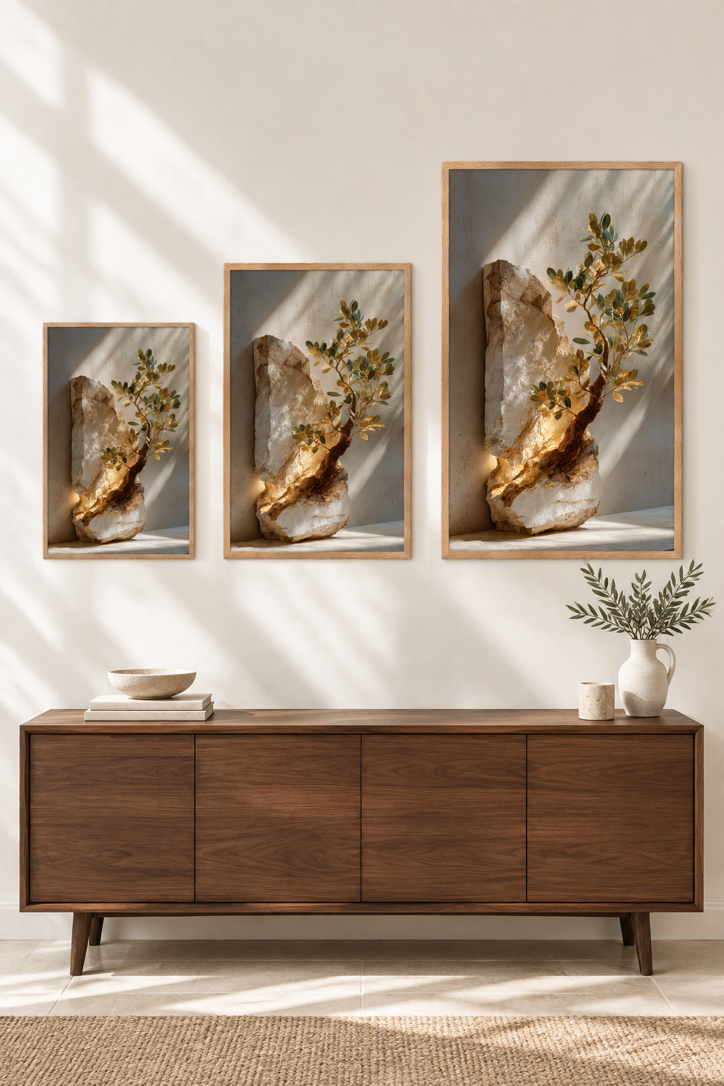 De Fossiele Olijfboom in drie formaten aan één muur