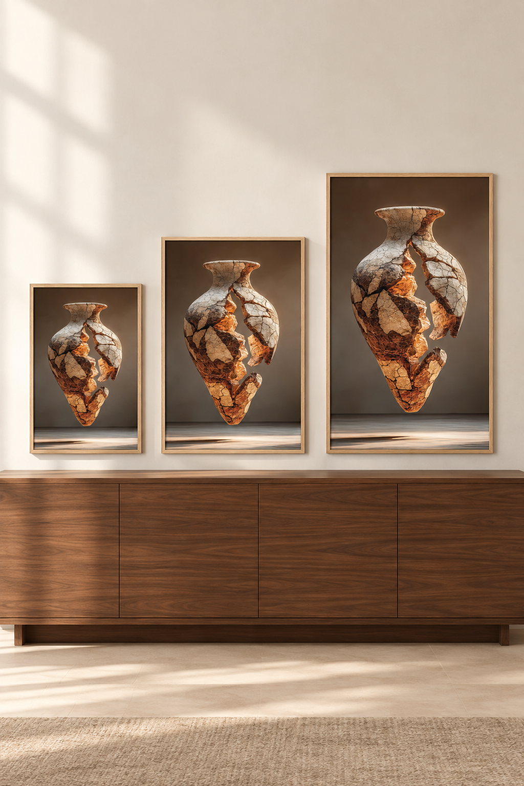 The Crackled Amphora in three sizes on one wall