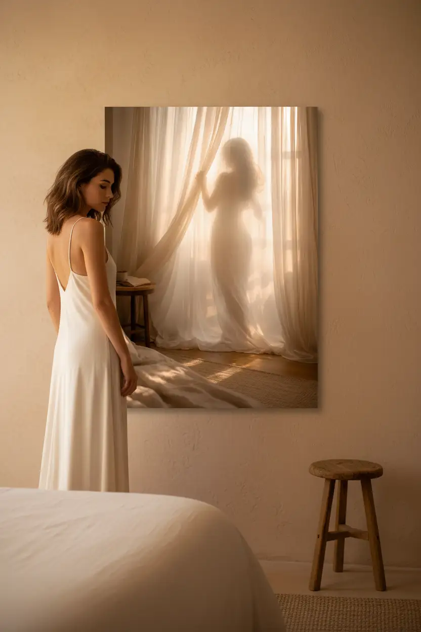Le Voile du Matin — Póster mural minimalista dorado silueta mujer
