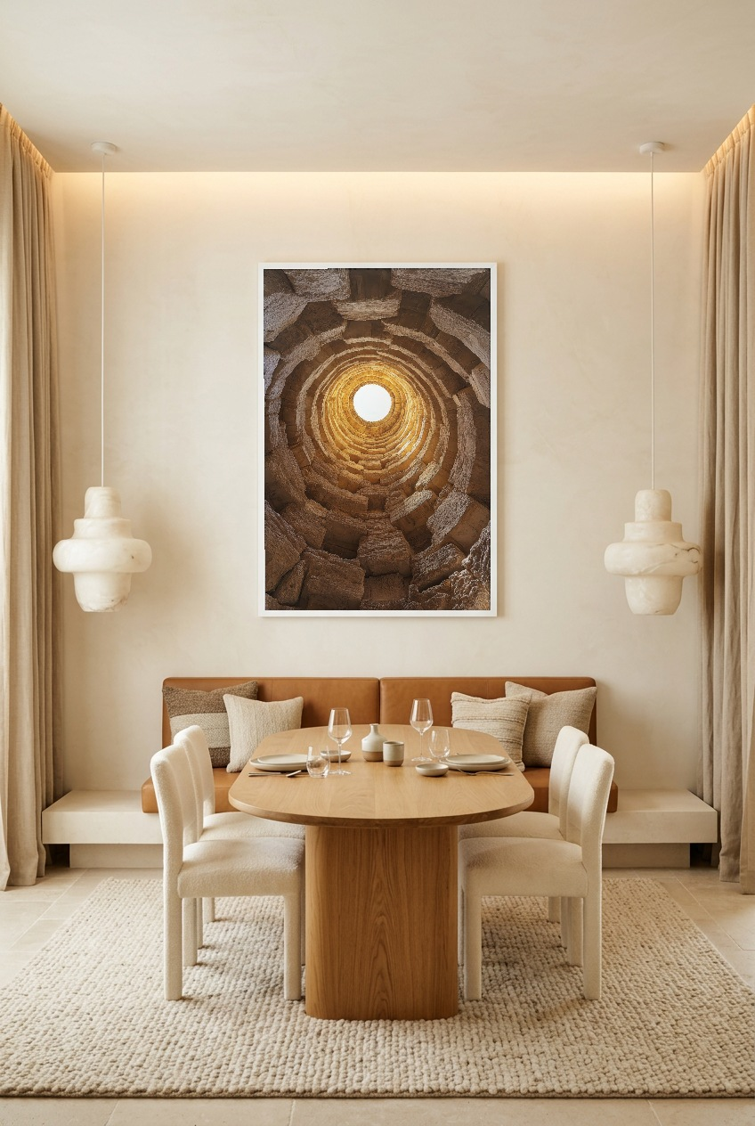 Le Sanctuaire — poster com moldura branca numa sala de jantar