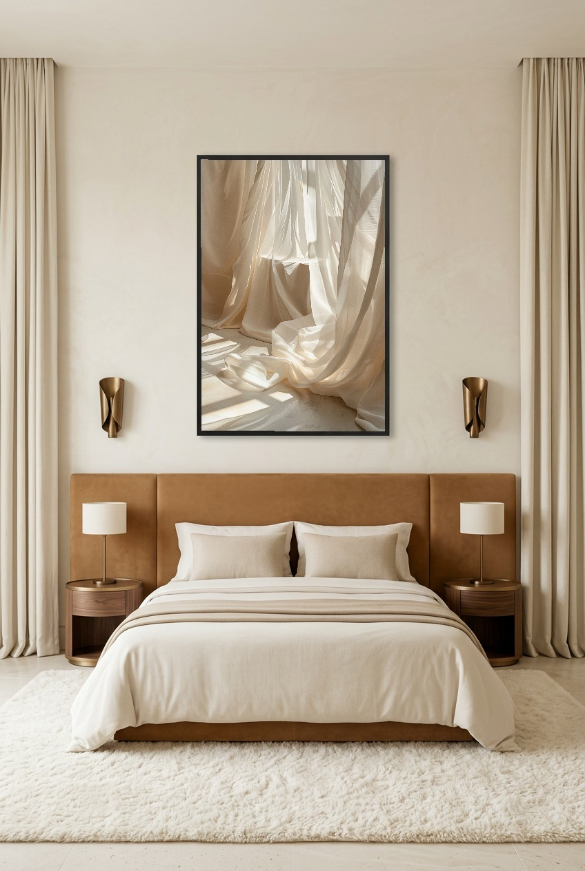 Le Voile Translucide — poster con cornice nera in una camera da letto