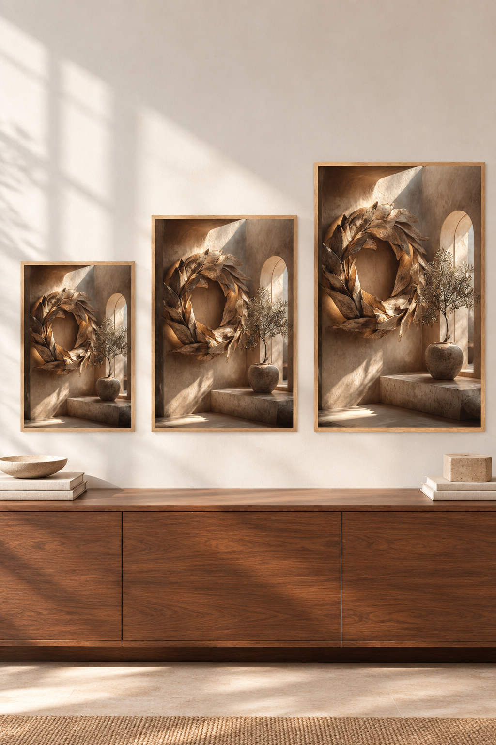 The Olive Wreath in three sizes on one wall