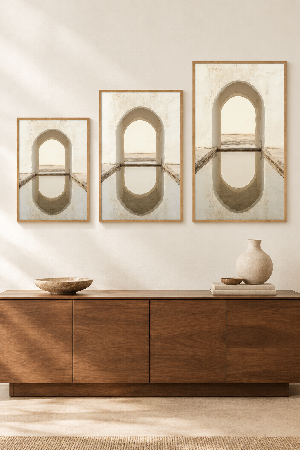 Der gespiegelte Bogen in drei Formaten an einer Wand