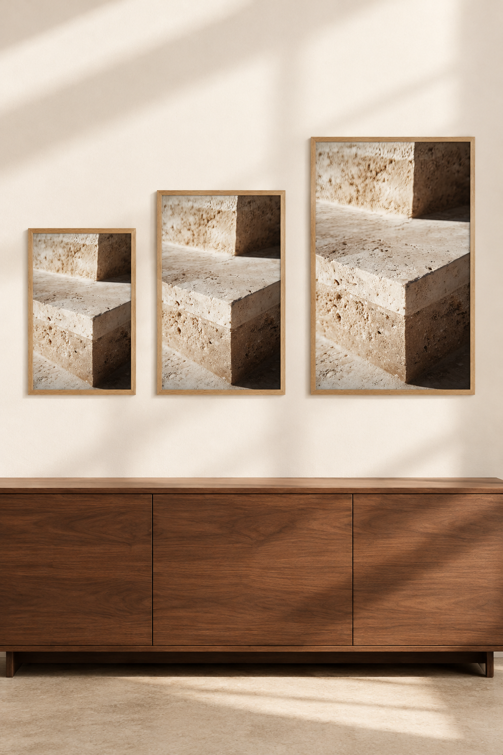 Die Travertinstufe in drei Formaten an einer Wand