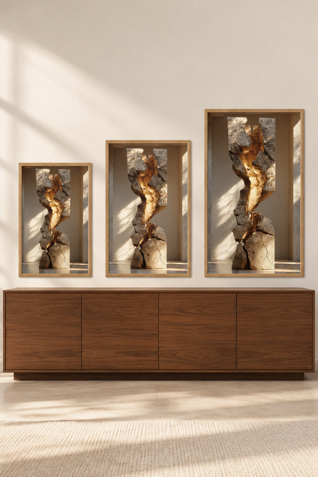 De Gescheurde Zuil in drie formaten aan één muur