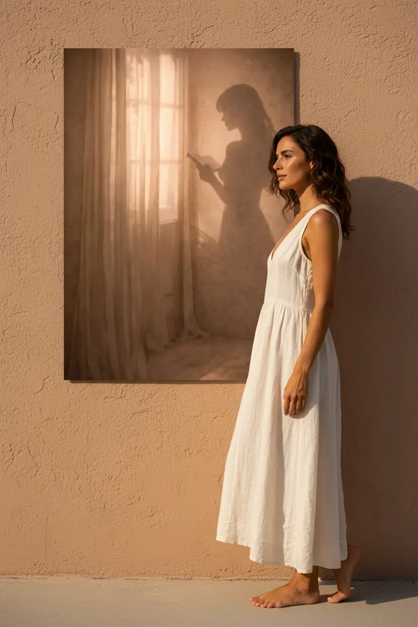 La Fleur Tenue — Affiche murale minimaliste silhouette féminine lumière dorée, affiche murale minimaliste avec cadre bois, décoration murale salon ou chambre, style méditerranéen
