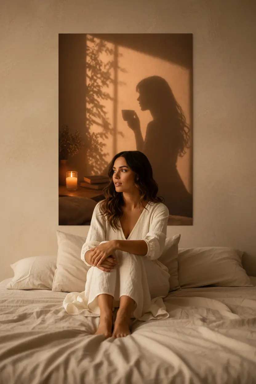 La Tasse du Soir — Affiche murale minimaliste silhouette féminine lumière dorée, affiche murale minimaliste avec cadre bois, décoration murale salon ou chambre, style méditerranéen