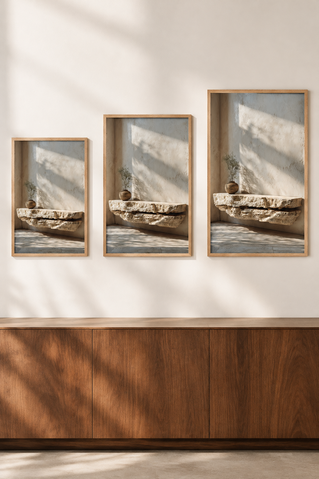 The Travertine Shelf in three sizes on one wall