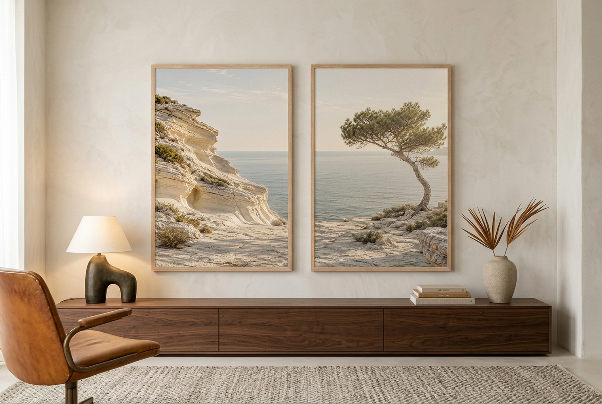 The Limestone Coast — wall diptych in oak frames above a sideboard
