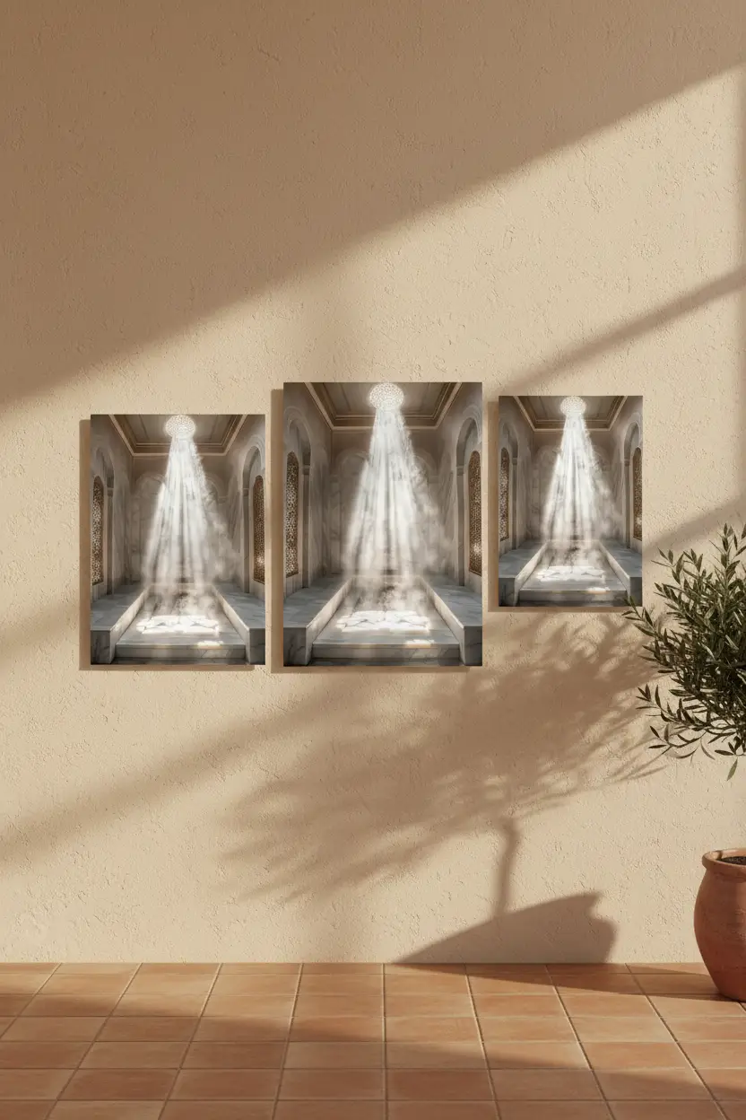 Das Hamam — Orientalisches Licht, minimalistisches Wandbild in Weiß und Gold