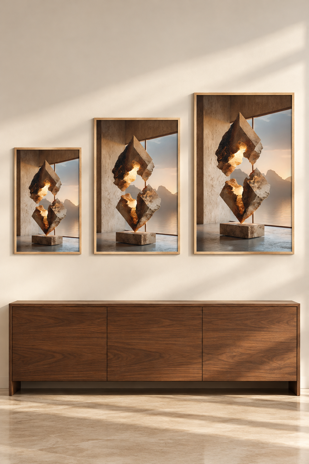 The Split Stone in three sizes on one wall