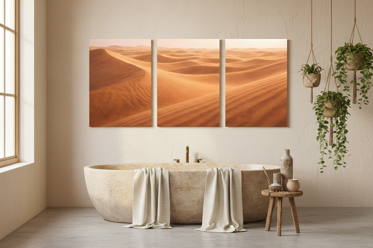 Le Grand Désert — triptyque mural dunes, disponible en poster nu ou encadré chêne massif