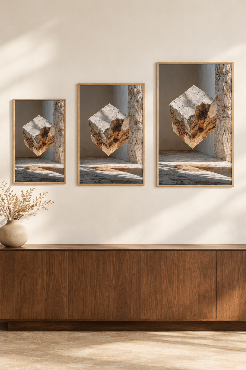 Il Cubo di Travertino in tre formati su una stessa parete