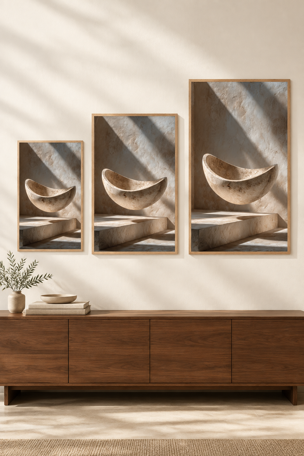 Die schwebende Schale in drei Formaten an einer Wand