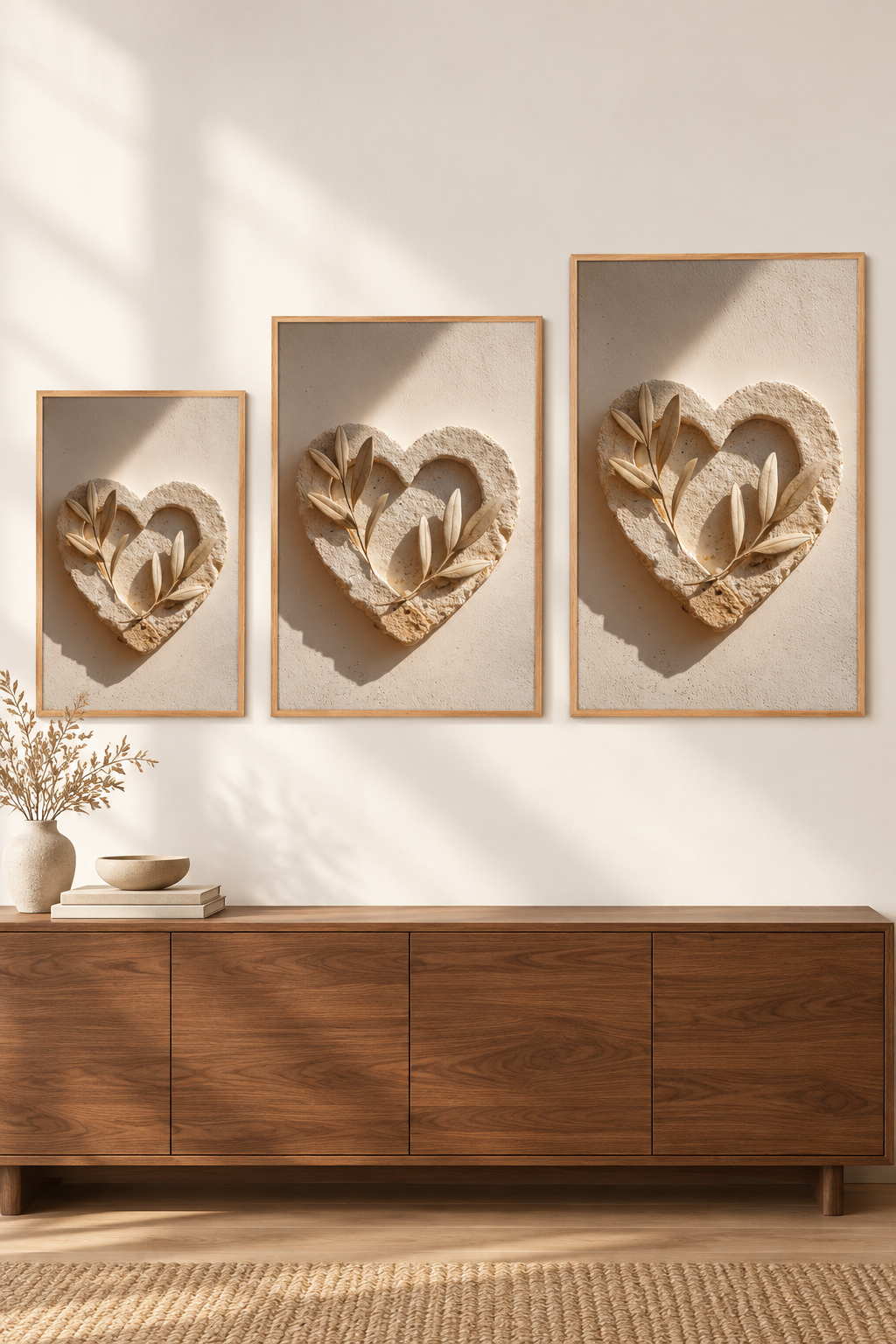 Het Hart van Kalksteen in drie formaten aan één muur