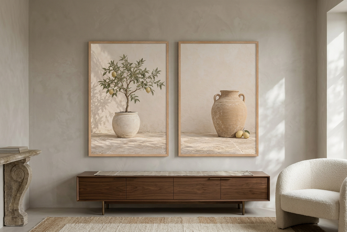 The Patio Lemons — wall diptych in oak frames above a sideboard
