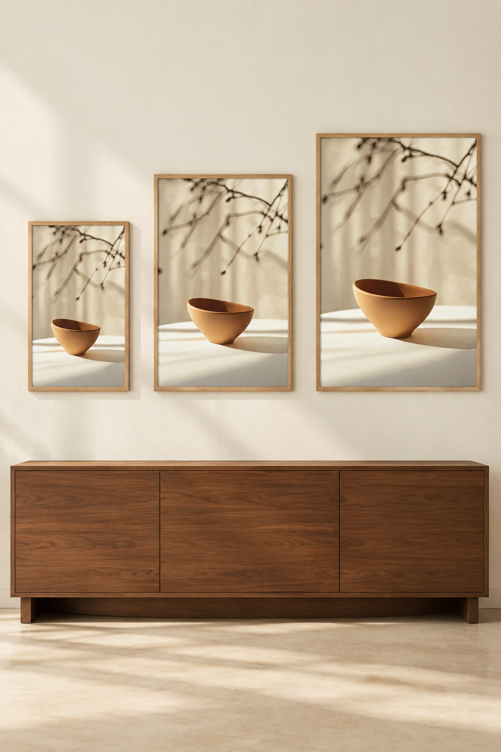 Die irdene Schale in drei Formaten an einer Wand