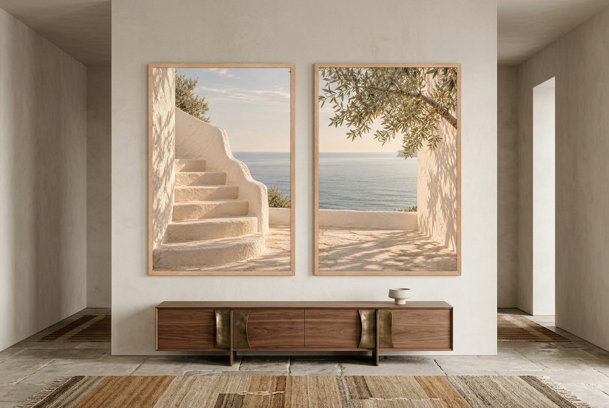 The Terrace by the Sea — wall diptych in oak frames above a sideboard