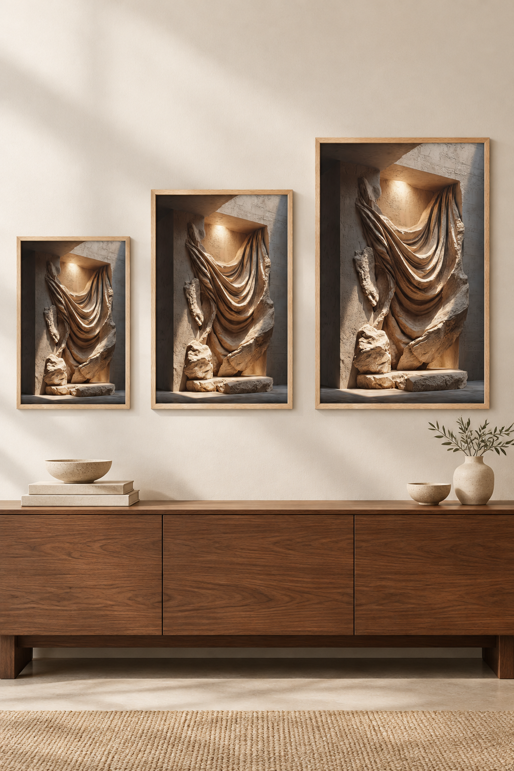 Der steinerne Vorhang in drei Formaten an einer Wand